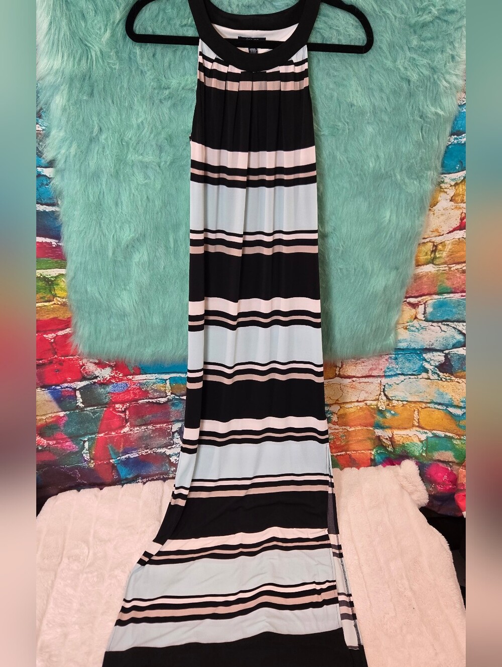 Chaps Blue Tan White Black Striped Halter Maxi Dress Size XS/TP - Picture 13 of 14